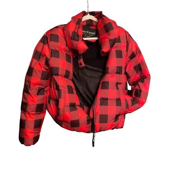 Juicy Couture Black Label Buffalo Red/Black Plaid FunnelNeck Puffer-Size Small - Picture 6 of 16